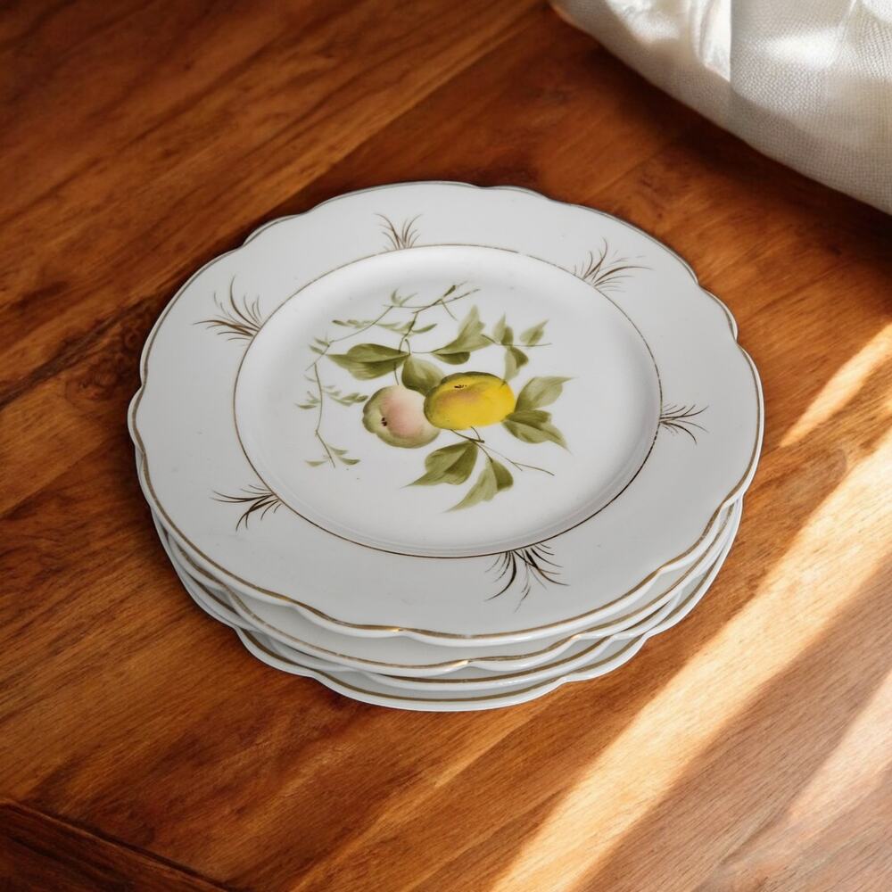 Set of 4 Vintage Porcelain Dessert Salad Plates Fruit Gold Trim Scalloped